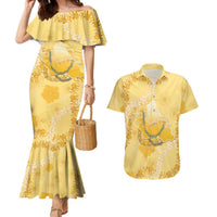 Hawaii Oahu Island Flowers Lei Couples Matching Mermaid Dress and Hawaiian Shirt Yellow Ilima Mix Plumeria
