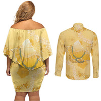 Hawaii Oahu Island Flowers Lei Couples Matching Off Shoulder Short Dress and Long Sleeve Button Shirt Yellow Ilima Mix Plumeria