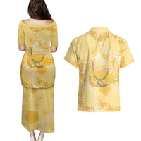 Hawaii Oahu Island Flowers Lei Couples Matching Puletasi and Hawaiian Shirt Yellow Ilima Mix Plumeria
