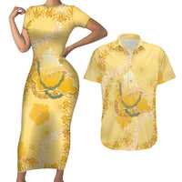 Hawaii Oahu Island Flowers Lei Couples Matching Short Sleeve Bodycon Dress and Hawaiian Shirt Yellow Ilima Mix Plumeria