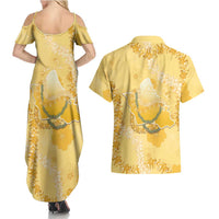 Hawaii Oahu Island Flowers Lei Couples Matching Summer Maxi Dress and Hawaiian Shirt Yellow Ilima Mix Plumeria