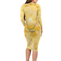 Hawaii Oahu Island Flowers Lei Family Matching Long Sleeve Bodycon Dress and Hawaiian Shirt Yellow Ilima Mix Plumeria