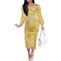 Hawaii Oahu Island Flowers Lei Family Matching Off The Shoulder Long Sleeve Dress and Hawaiian Shirt Yellow Ilima Mix Plumeria