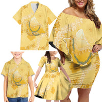 Hawaii Oahu Island Flowers Lei Family Matching Off Shoulder Short Dress and Hawaiian Shirt Yellow Ilima Mix Plumeria