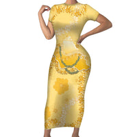 Hawaii Oahu Island Flowers Lei Family Matching Short Sleeve Bodycon Dress and Hawaiian Shirt Yellow Ilima Mix Plumeria