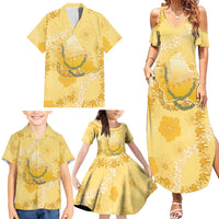 Hawaii Oahu Island Flowers Lei Family Matching Summer Maxi Dress and Hawaiian Shirt Yellow Ilima Mix Plumeria