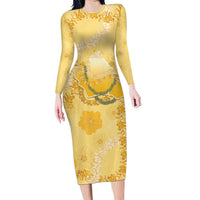 Hawaii Oahu Island Flowers Lei Long Sleeve Bodycon Dress Yellow Ilima Mix Plumeria