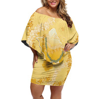 Hawaii Oahu Island Flowers Lei Off Shoulder Short Dress Yellow Ilima Mix Plumeria LT7 Women Yellow - Polynesian Pride