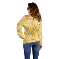 Hawaii Oahu Island Flowers Lei Off Shoulder Sweater Yellow Ilima Mix Plumeria LT7 - Polynesian Pride