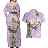 Hawaii Kauai Island Flowers Lei Couples Matching Off Shoulder Maxi Dress and Hawaiian Shirt Mokihana Lei