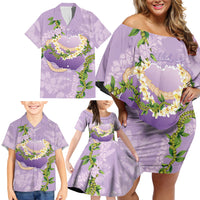 Hawaii Kauai Island Flowers Lei Family Matching Off Shoulder Short Dress and Hawaiian Shirt Mokihana Lei