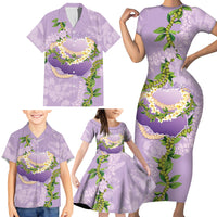 Hawaii Kauai Island Flowers Lei Family Matching Short Sleeve Bodycon Dress and Hawaiian Shirt Mokihana Lei
