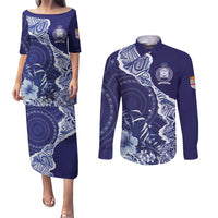 Fiji Queen Victoria School Personalised Couples Matching Puletasi and Long Sleeve Button Shirt Masi Tapa Torn Style