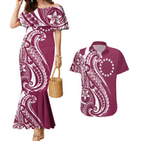 Kia Orana Cook Islands Couples Matching Mermaid Dress and Hawaiian Shirt Maroon Plumeria Tropical Waves - Polynesian Pride