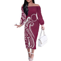 Kia Orana Cook Islands Family Matching Off The Shoulder Long Sleeve Dress and Hawaiian Shirt Maroon Plumeria Tropical Waves - Polynesian Pride