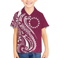 Kia Orana Cook Islands Family Matching Off Shoulder Short Dress and Hawaiian Shirt Maroon Plumeria Tropical Waves - Polynesian Pride