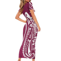 Kia Orana Cook Islands Family Matching Short Sleeve Bodycon Dress and Hawaiian Shirt Maroon Plumeria Tropical Waves - Polynesian Pride