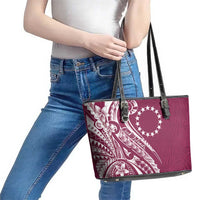 Kia Orana Cook Islands Leather Tote Bag Maroon Plumeria Tropical Waves - Polynesian Pride