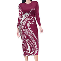 Kia Orana Cook Islands Long Sleeve Bodycon Dress Maroon Plumeria Tropical Waves - Polynesian Pride