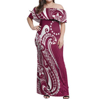 Kia Orana Cook Islands Off Shoulder Maxi Dress Maroon Plumeria Tropical Waves - Polynesian Pride