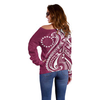 Kia Orana Cook Islands Off Shoulder Sweater Maroon Plumeria Tropical Waves - Polynesian Pride
