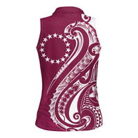 Kia Orana Cook Islands Women Sleeveless Polo Shirt Maroon Plumeria Tropical Waves - Polynesian Pride