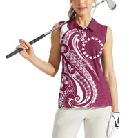 Kia Orana Cook Islands Women Sleeveless Polo Shirt Maroon Plumeria Tropical Waves - Polynesian Pride
