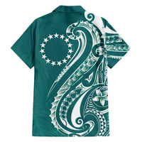 Kia Orana Cook Islands Family Matching Off The Shoulder Long Sleeve Dress and Hawaiian Shirt Teal Plumeria Tropical Waves - Polynesian Pride
