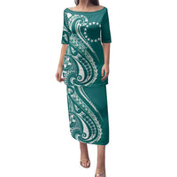Kia Orana Cook Islands Family Matching Puletasi and Hawaiian Shirt Teal Plumeria Tropical Waves - Polynesian Pride