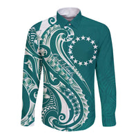 Kia Orana Cook Islands Long Sleeve Button Shirt Teal Plumeria Tropical Waves LT7 Unisex Teal - Polynesian Pride