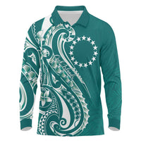Kia Orana Cook Islands Long Sleeve Polo Shirt Teal Plumeria Tropical Waves - Polynesian Pride