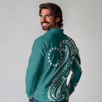 Kia Orana Cook Islands Long Sleeve Polo Shirt Teal Plumeria Tropical Waves - Polynesian Pride