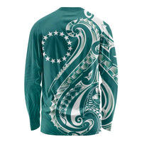 Kia Orana Cook Islands Long Sleeve Shirt Teal Plumeria Tropical Waves LT7 - Polynesian Pride