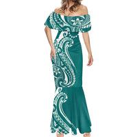 Kia Orana Cook Islands Mermaid Dress Teal Plumeria Tropical Waves - Polynesian Pride
