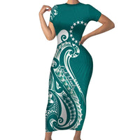 Kia Orana Cook Islands Short Sleeve Bodycon Dress Teal Plumeria Tropical Waves - Polynesian Pride