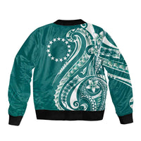 Kia Orana Cook Islands Sleeve Zip Bomber Jacket Teal Plumeria Tropical Waves - Polynesian Pride