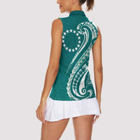 Kia Orana Cook Islands Women Sleeveless Polo Shirt Teal Plumeria Tropical Waves - Polynesian Pride