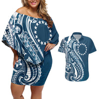 Kia Orana Cook Islands Couples Matching Off Shoulder Short Dress and Hawaiian Shirt Auika Plumeria Tropical Waves - Polynesian Pride
