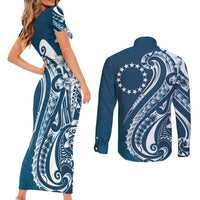 Kia Orana Cook Islands Couples Matching Short Sleeve Bodycon Dress and Long Sleeve Button Shirt Auika Plumeria Tropical Waves - Polynesian Pride