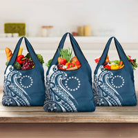 Kia Orana Cook Islands Grocery Bag Auika Plumeria Tropical Waves LT7 3-pack One Size Navy Blue - Polynesian Pride
