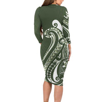 Kia Orana Cook Islands Long Sleeve Bodycon Dress Matie Plumeria Tropical Waves - Polynesian Pride