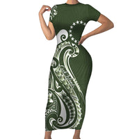 Kia Orana Cook Islands Short Sleeve Bodycon Dress Matie Plumeria Tropical Waves - Polynesian Pride