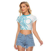 Kia Orana Cook Islands Raglan Cropped T Shirt Moana Plumeria Tropical Waves LT7 Female Turquoise - Polynesian Pride