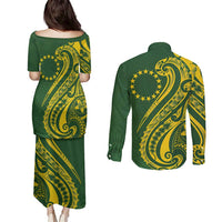 Kia Orana Cook Islands Couples Matching Puletasi and Long Sleeve Button Shirt Plumeria Tropical Waves LT7 - Polynesian Pride