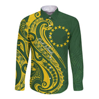 Kia Orana Cook Islands Long Sleeve Button Shirt Plumeria Tropical Waves LT7 Unisex Yellow Green - Polynesian Pride