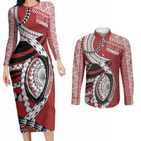 Mate Ma'a Tonga Rugby Custom Kupesi Motifs Couples Matching Long Sleeve Bodycon Dress and Long Sleeve Button Shirt Red Waves LT7 Red - Polynesian Pride