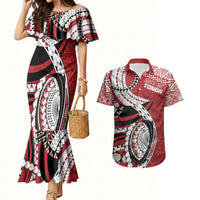 Mate Ma'a Tonga Rugby Custom Kupesi Motifs Couples Matching Mermaid Dress and Hawaiian Shirt Red Waves LT7 Red - Polynesian Pride
