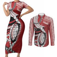 Mate Ma'a Tonga Rugby Custom Kupesi Motifs Couples Matching Short Sleeve Bodycon Dress and Long Sleeve Button Shirt Red Waves LT7 Red - Polynesian Pride