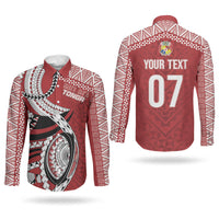 Mate Ma'a Tonga Rugby Custom Kupesi Motifs Couples Matching Short Sleeve Bodycon Dress and Long Sleeve Button Shirt Red Waves LT7 - Polynesian Pride