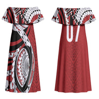 Mate Ma'a Tonga Rugby Custom Kupesi Motifs Family Matching Off Shoulder Maxi Dress and Hawaiian Shirt Red Waves LT7 Mom's Dress Red - Polynesian Pride